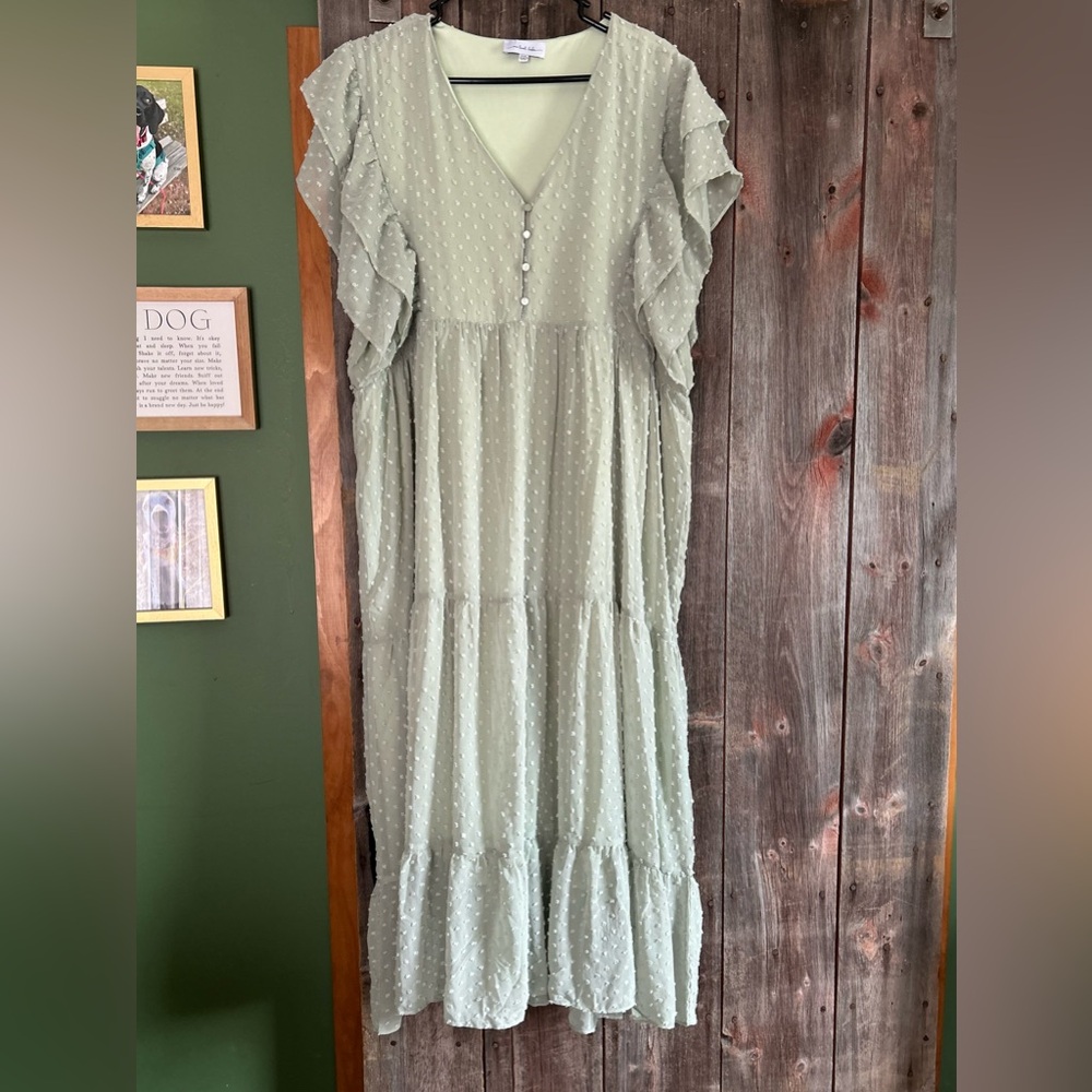Elegant Green Ruffle Sleeve Dress - NWOT